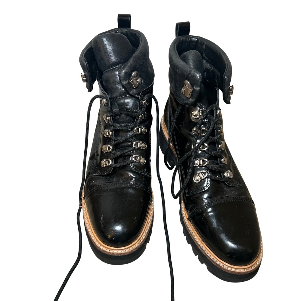 Marc Fisher Black Patent Leather Combat Boots Lug Sole Lace Up Womens 9.5